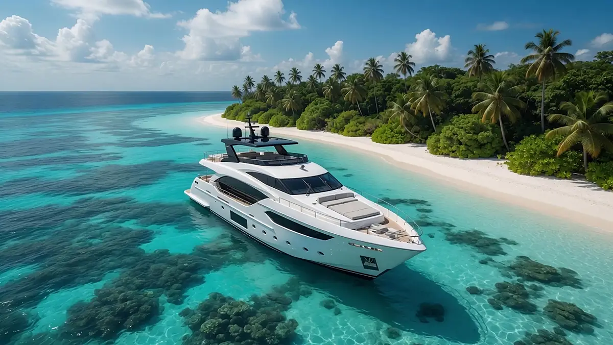 A superyacht anchored off a palm-fringed island in clear turquoise water.